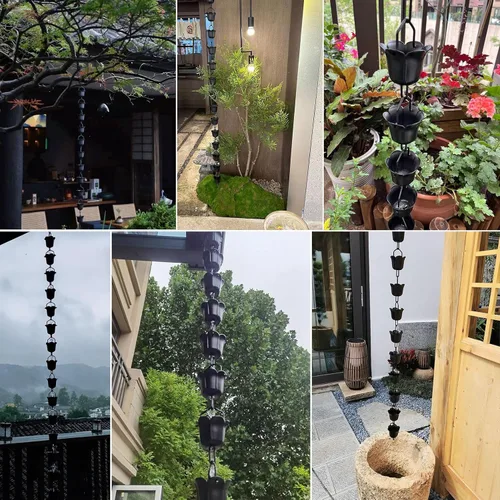 Vista 6 de Rain Chains 3.3ft-16.4ft Aluminium Alloy Rain Chain Black Powder Coated, Functional and Decorative Replacement for Gutter Downspouts(2.6m (8.5ft))