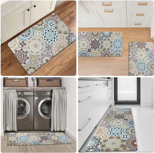 Vista 7 de Juego de 2 alfombras de cocina, acolchadas y antifatiga, de PVC, antideslizantes, impermeables, cómodas, de pie, para fregadero, lavandería de 17 x