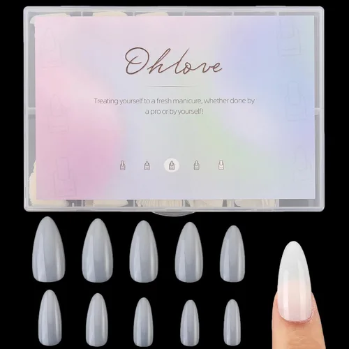 Vista 10 de 500 puntas de uñas postizas medianas de almendra de cobertura completa, uñas acrílicas transparentes a presión para arte de uñas, 10 tamaños