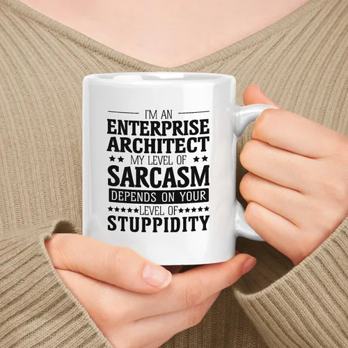 Vista 180 de Taza de cerámica blanca de regalo para administrador de 11 oz, 15 onzas, mi nivel de sarcasmo depende de tu nivel