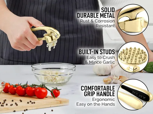 Vista 7 de Zulay Kitchen - Prensa de ajo prémium con mango suave y fácil de apretar, con pelador de ajo de silicona y cepillo de limpieza, de 3 piezas