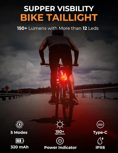 Vista 2 de luz trasera recargable para bicicleta de 150 lúmenes, luz trasera impermeable IPX6 para bicicleta, linterna de seguridad visible de 220°, 5 modos