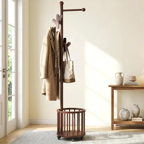 Vista 10 de Heavy Duty Coat Rack with Wheels & Storage Basket - Solid Rubberwood Standing Organizer with 10 Hooks & Locking Casters, Square Laundry Hamper for