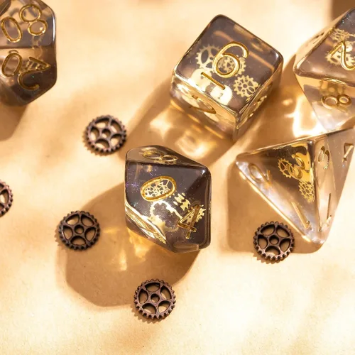 Vista 4 de Cusdie DND - Juego de dados poliédricos rellenos de engranajes para jugar dados DND (Galaxy con engranajes dorados)