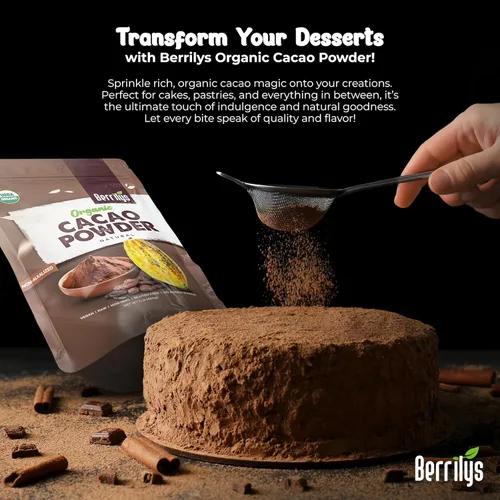 Vista 3 de Berrilys Cacao en polvo, 16 onzas, no alcalinizado, orgánico certificado USDA, cacao natural, súper alimentos