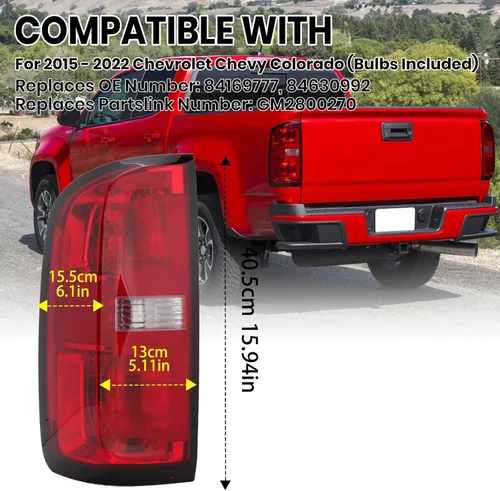 Vista 3 de Conjunto de luz trasera compatible con Chevy Colorado 2015, 2016, 2017, 2018, 2019, 2020, 2021, 2022, con bombillas y dureza, reemplazo 84169777
