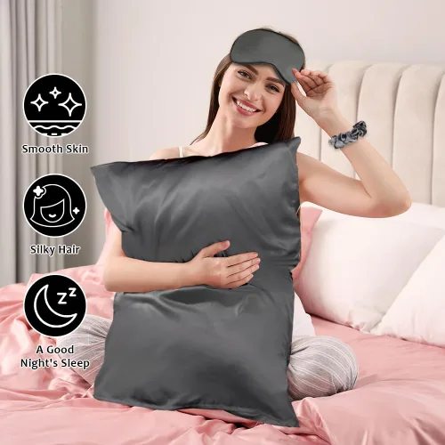 Vista 5 de AUAUY Paquete de 2 fundas de almohada de seda satinada, 19.69 x 29.53 pulgadas, fundas de almohada de seda para cabello y piel con 2 bandas