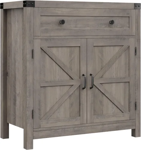 Vista 8 de HOSTACK Gabinete de barra de café, armario de almacenamiento de cocina, aparador de buffet moderno de granja con cajón y estante ajustable, armarios