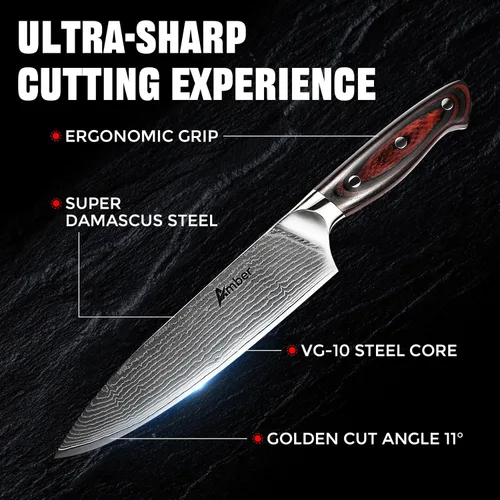 Vista 2 de Ambertronix Cuchillo de chef profesional de Damasco de 8 pulgadas, cuchillos de cocina hechos de acero inoxidable japonés VG-10 con patrón único