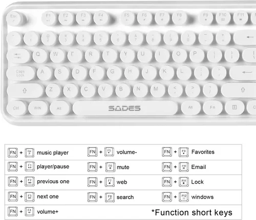 Vista 8 de Combo de teclado y mouse de máquina de escribir retro blanco, bonito teclado inalámbrico con teclas redondas retro, 2.4 GHz, teclado cremoso
