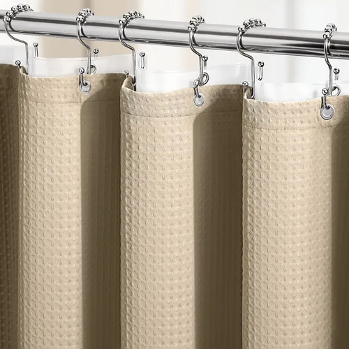 Vista 319 de Cortina de ducha de tela Dynamene verde oscuro - Cortinas de baño de tela de nido de abeja texturizadas resistentes, juego de cortinas de baño