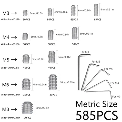 Vista 3 de Kit de Surtido de Tornillos de Fijación de 1000 piezas Métrico + SAE, Juego de Tornillos Allen de Punta de Copa con Hexágono Interior de Acero