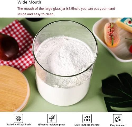 Vista 5 de CZFWin Recipiente de harina de vidrio con tapa hermética de bambú, tarro grande de vidrio para alimentos con tapa de madera para almacenamiento
