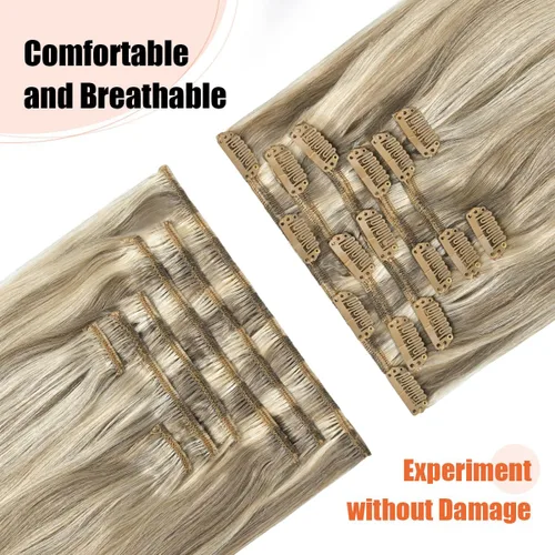 Vista 4 de UGOTRAYS Extensiones de cabello humano real con pinzas, 12 pulgadas, 2.47 oz de rubio ceniza mezclado con rubio decolorado, 7 piezas de doble trama