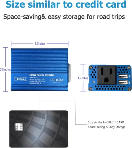 Vista 4 de Inversor de potencia para automóvil de Foval, de 12 V CC a 110 V AC, con cargador USB doble, Azul