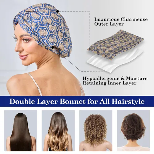 Vista 29 de Gorro de satén de seda ajustable para envolver el cabello para dormir, gorro de dormir de doble capa, turbante nocturno para cabello largo y rizado