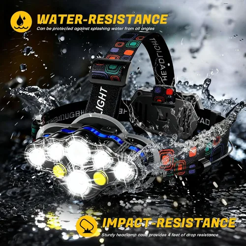 Vista 5 de MIOISY - Linterna recargable para cabeza, 8 luces LED súper brillantes, lámpara de cabeza con luz roja y blanca, resistente al agua IPX4, 8 modos