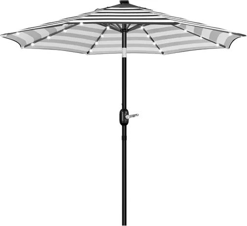 Yaheetech - Sombrilla solar de patio de 9 pies, sombrilla de mesa con 32 luces LED, 8 varillas/inclinación y sistema de elevación con manivela para