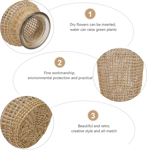 Vista 2 de Cabilock Jarrón de vidrio tejido estilo nórdico de 8.5 pulgadas de hierba marina hidropónica para plantas, jarrón decorativo de mimbre natural