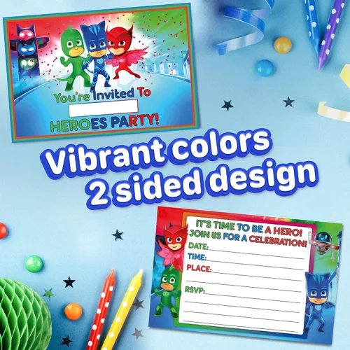 Vista 4 de Juego de 20 máscaras de héroe con temática de feliz cumpleaños, tarjetas de invitación y sobres, ligeros (8.47 oz), invitaciones estilo postal