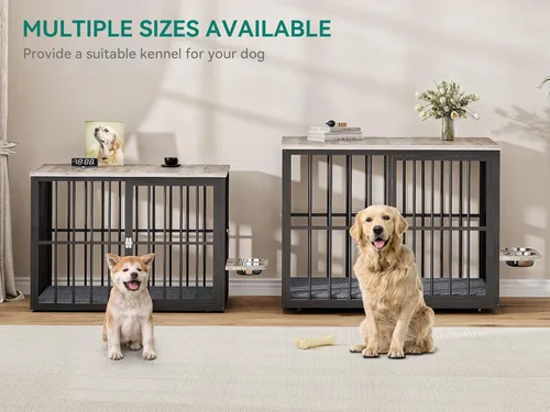 Vista 5 de YITAHOME Mueble de jaula doble para perros de 88.6 pulgadas, perrera de madera para perros con cuencos y 3 puertas, soporte de TV grande para Gris