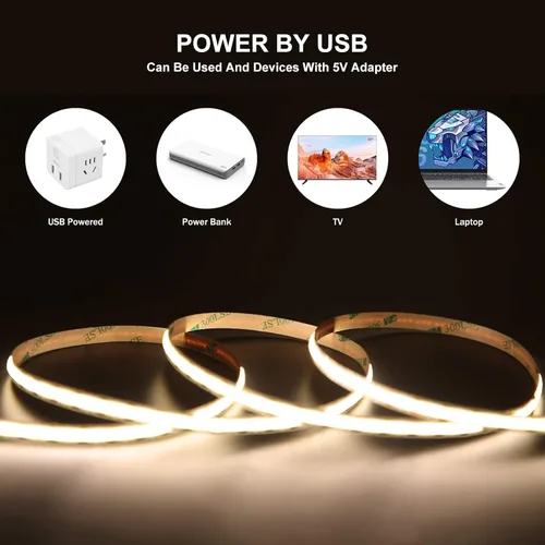 Vista 3 de Tira de luces LED COB USB – 4.92 pies 3000 K blanco cálido regulable luz de cinta LED, 480 LEDs 1050LM CRI80+ tira de luces LED flexibles