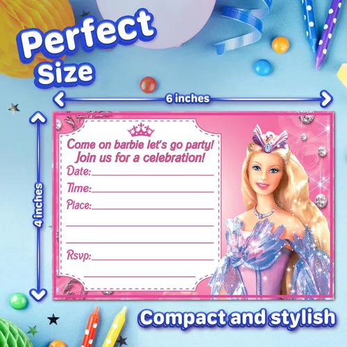 Vista 4 de Juego de 20 tarjetas y sobres de invitación de feliz cumpleaños con temática rosa de muñeca de moda, ligeros (8.47 oz), estilo postal invitaciones