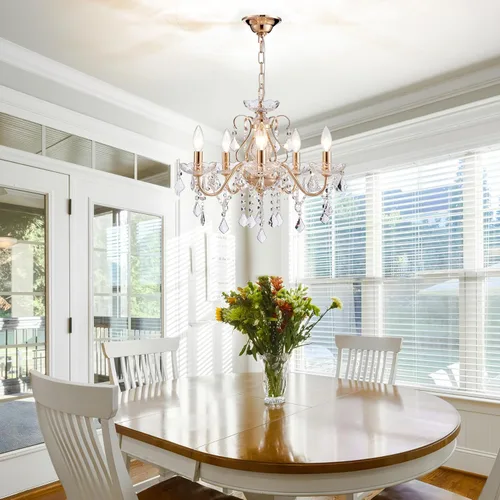 Vista 4 de Saint Mossi - Lámpara de araña de cristal de 5 luces, moderna lámpara colgante de cristal dorado, candelabro de gota de lluvia dorada francesa