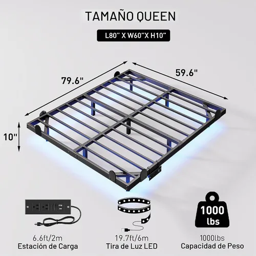 Vista 3 de Marco de cama flotante completo con cabecero, marco de cama de plataforma moderna con luces LED y estación de carga USB, marco de cama de metal