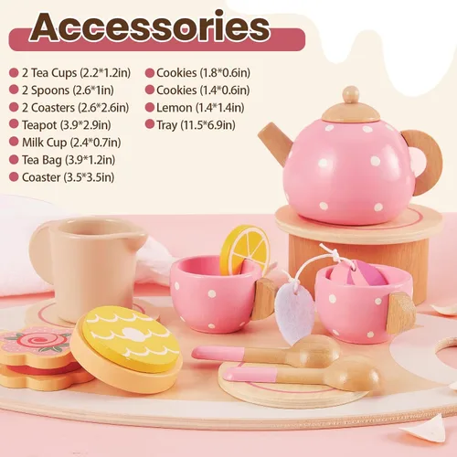 Vista 5 de BUYGER Juego de Té de Madera para Niñas Pequeñas, Juego de Cocina de Simulación para Niños Pequeños, Accesorios de Cocina de Princesa, Regalos