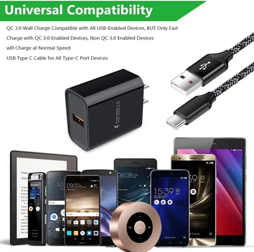 Vista 5 de Cargador de pared USB de carga rápida 3.0 con cable tipo C de 6 pies para Samsung Galaxy S26 S25 S24 S23 S22 S21 S20 FE A57 A37 A17 A56 A36 A26 A16