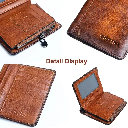 Vista 7 de Billeteras de cuero genuino plegables con bloqueo RFID para hombres con cremallera, cartera vintage multifuncion con 2 ventanas de identificación