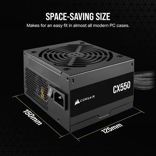 Vista 5 de CORSAIR CX550 80 Plus Bronce Fuente de alimentación ATX de bajo ruido no modular de 550 vatios - NA - Negro
