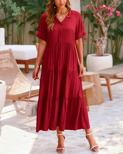 Vista 8 de dowerme Vestidos de verano para mujer, casual, manga corta, con botones, ajuste holgado, plisado, bohemio, fluido, vestido largo para playa