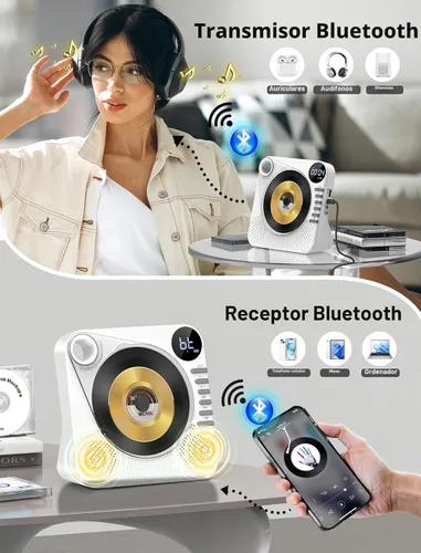 Vista 4 de Reproductor de CD con Bluetooth, reproductor de CD de escritorio para el hogar, altavoces de alta fidelidad, control remoto, USB, pantalla LED