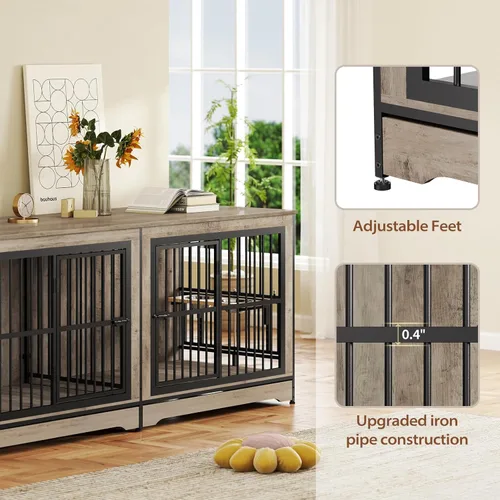 Vista 6 de Rovibek 78 jaulas dobles para perros para 2 perros grandes de interior, muebles de madera con cuenco para perros, muebles para perreras, soporte