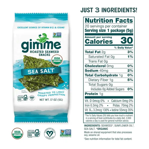 Vista 26 de Gimme Algas Marinas Aperitivos de Algas Marinas Tostadas Orgánicas Premium, Chile Lima, 20 Unidades, Keto, Vegano, Sin Gluten, Gran Fuente