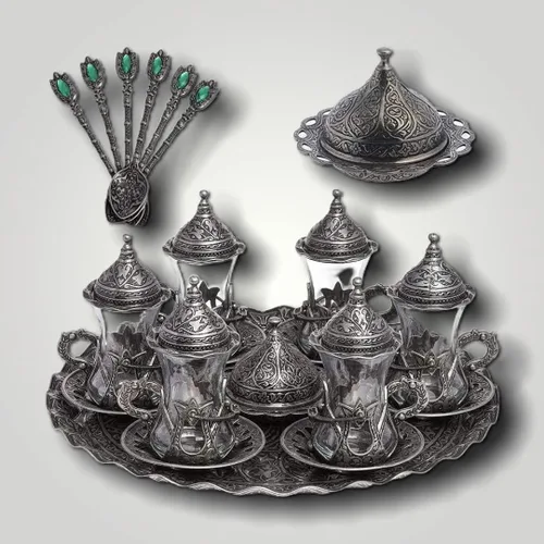 Vista 6 de Alisveristime Juego de té turco hecho a mano Zamzam para servir vasos, platillo, bandeja y cuchara (negro auténtico)