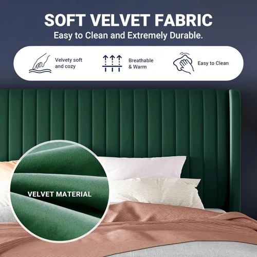 Vista 6 de Allewie Marco de cama de tamaño matrimonial/plataforma tapizada de terciopelo, cabecero con alas capitoné de canal vertical/listones de madera Verde