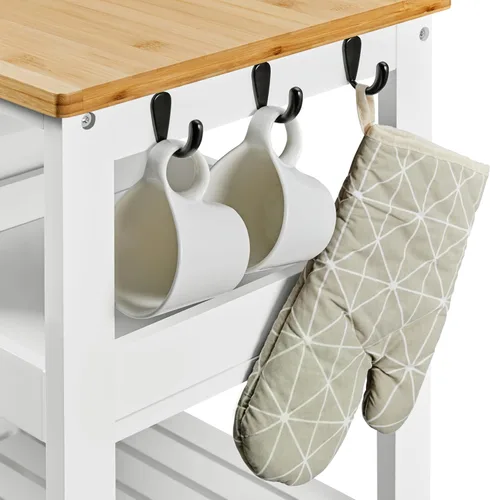 Vista 10 de Yaheetech Carrito de isla de cocina con ruedas, carrito de almacenamiento rodante con encimera de bambú, 3 cajones, 3 estantes extraíbles y ruedas