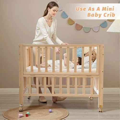 Vista 3 de Flwrgirl - Cuna de madera plegable junto a la cama - Cuna portátil 4 en 1 para bebé con colchón transpirable, cuna de 3 alturas con ruedas, cuna