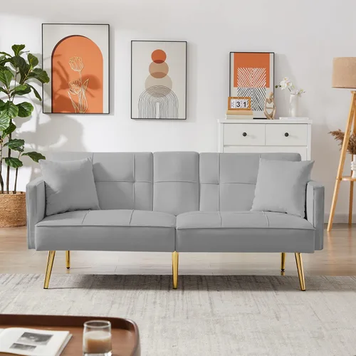 Sofá sofá futón con respaldo ajustable, sofá biplaza de terciopelo con patas de metal para sala de estar, dormitorio, espacio pequeño (gris)