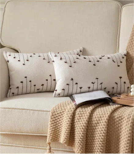 Vista 17 de Caflife Fundas de almohada boho de 18 x 18 pulgadas, juego de 2 almohadas decorativas para cama, fundas de almohada beige con línea negra para sofá