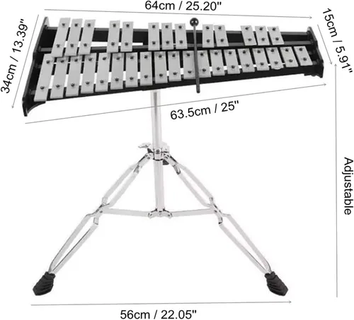 Vista 3 de Kit de percusión de xilófono Glockenspiel de 32 notas con soporte ajustable en altura, baquetas y bolsa de transporte