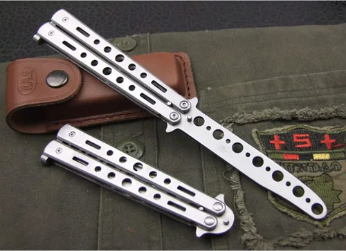 Vista 8 de Cuchillo de mariposa, paquete de 2 cuchillos de práctica de entrenamiento de artes marciales espadas de acero de metal plegable cuchillo