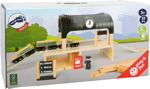 Vista 4 de Small Foot Estación de tren de juguetes de madera completa con accesorios diseñados para niños a partir de 3 años