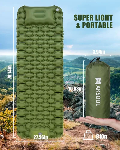 Vista 6 de Almohadilla de dormir de camping AKSOUL: Colchón de aire autoinflable ultraligero y compacto, almohadilla inflable ligera conectable con bomba