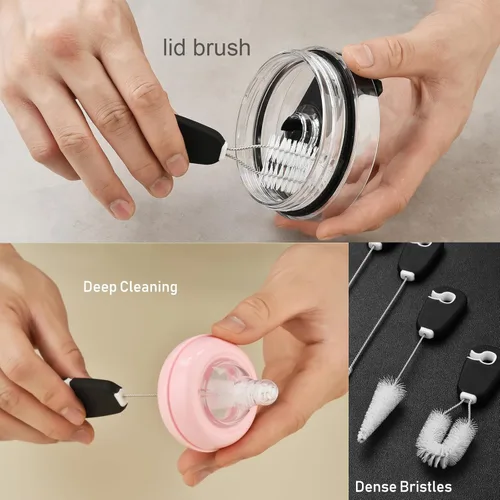 Vista 5 de ALINK Juego de 5 cepillos de limpieza para botellas con soporte, limpiador de botellas con soporte, cepillo para tapa de pezón para Stanley, Yeti