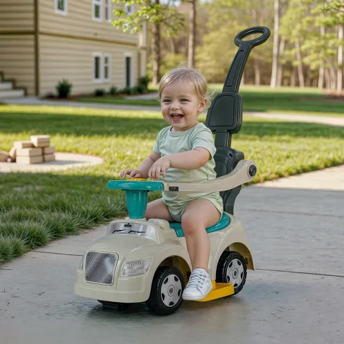 Vista 2 de DOLU: Ride-On Car: 3 en 1 Walk & Drive - Blanco, Verde, Amarillo - 3 Modos: Cochecito de paseo - Coche de empuje, manija para padres, bocina, bebé