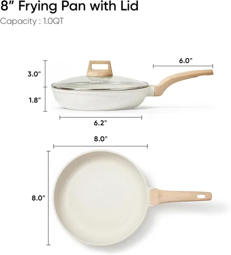 Vista 2 de CAROTE - Sartén antiadherente de 8 pulgadas con tapa, sartén de granito blanco sin pegamento, sartenes para tortillas, sartén para huevos